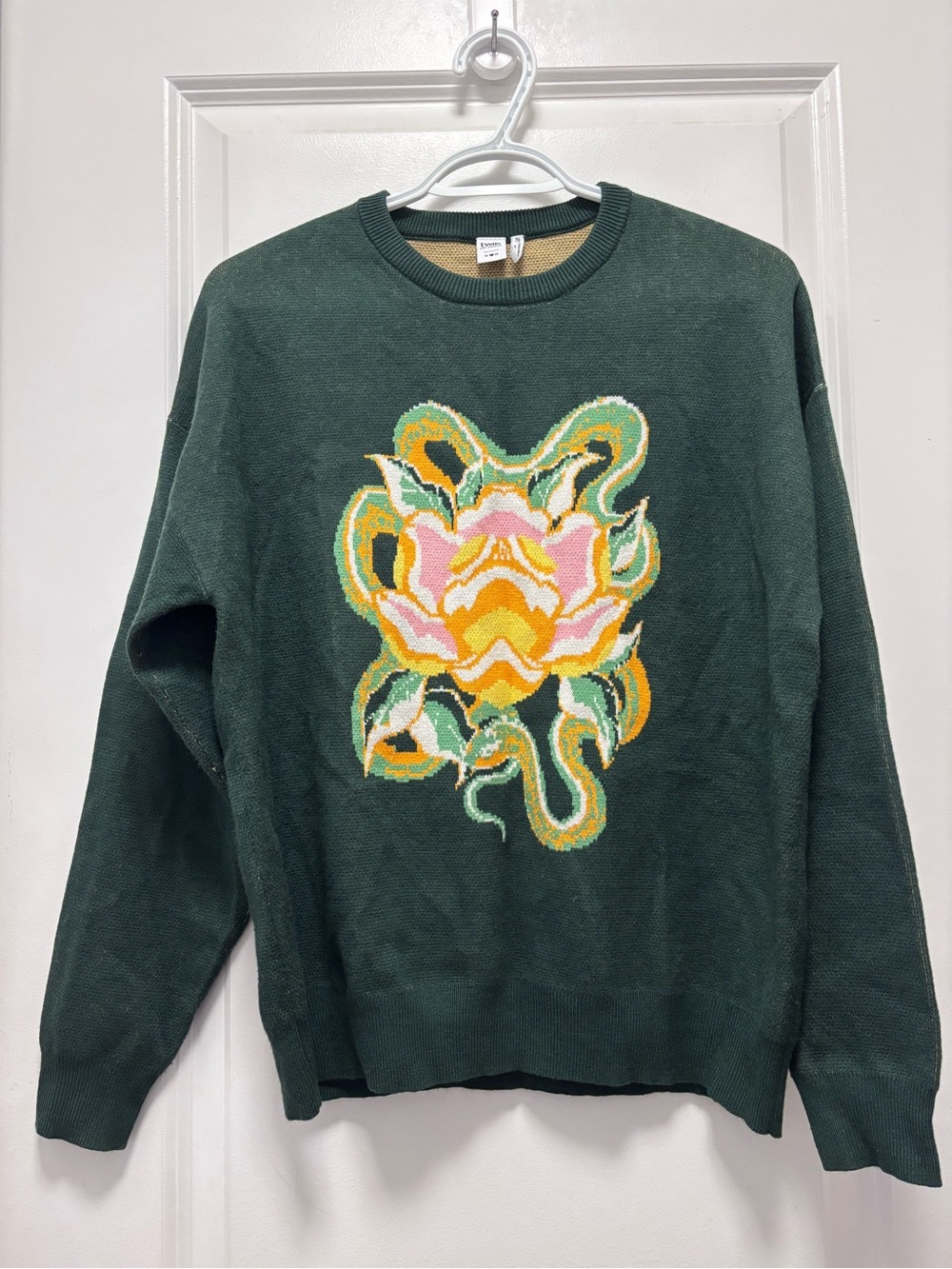 Simons Forest Green Crewneck Sweater with Yellow & Pink Floral Intarsia